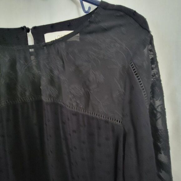 Loft Black Blouse Lace Yoke long sleeves Large Rayon Polyester keyhole EUC - Picture 4 of 12